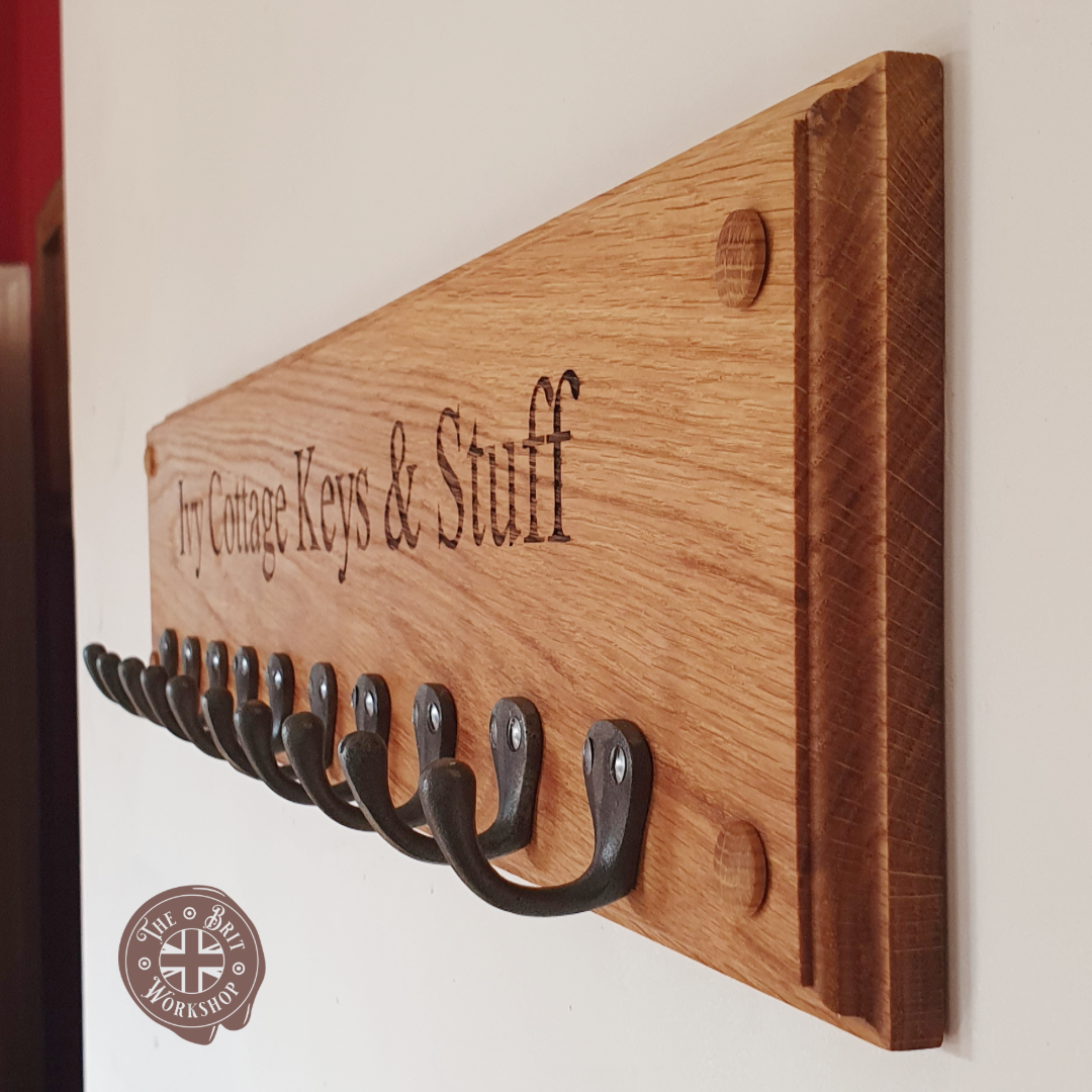 Customisable Solid Oak Key Rack with Cast Iron Hooks