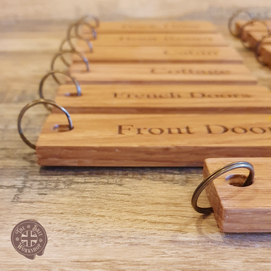 Personalized Solid Oak Key Tags with Antique Bronze Keyrings - Custom Engraved for Hotels and Home Use