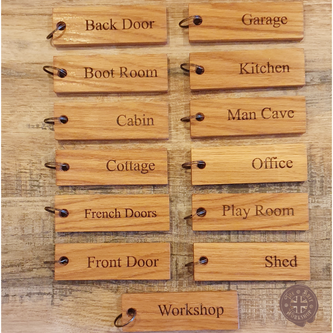 Personalized Solid Oak Key Tags with Antique Bronze Keyrings - Custom Engraved for Hotels and Home Use