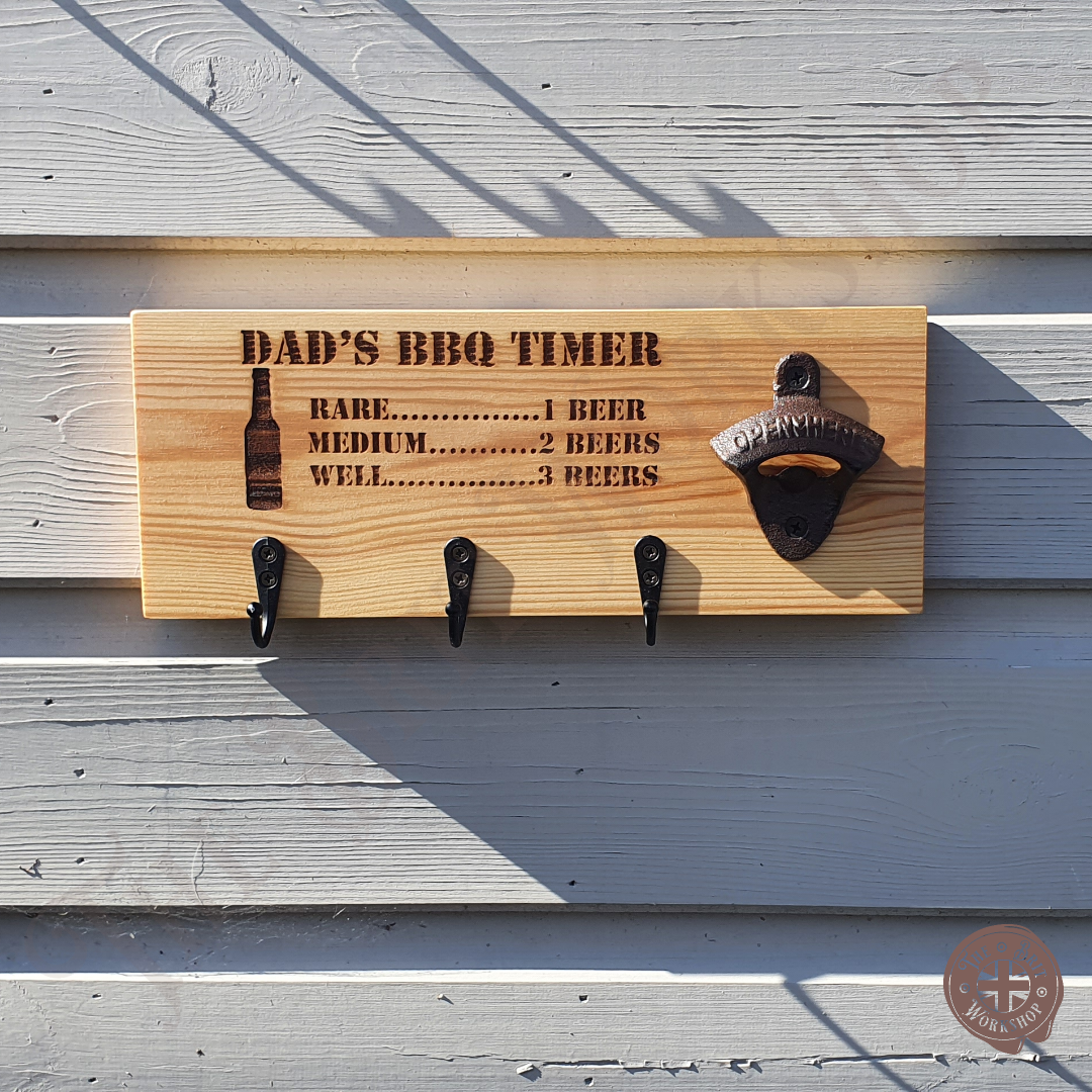 Dad's BBQ timer bottle opener board