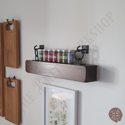 Industrial spice rack shelf with ring brackets