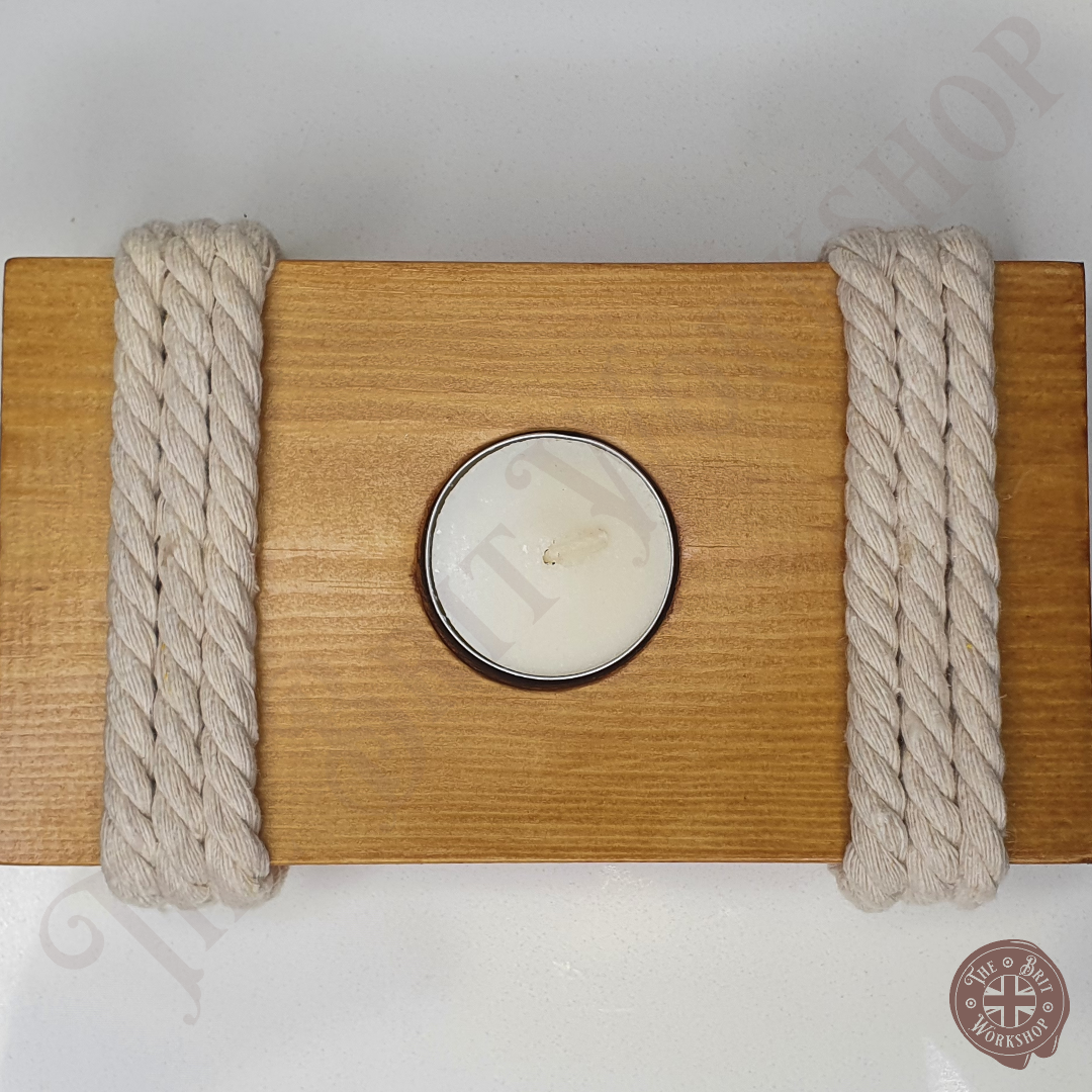 Rope on wood tealight candle holder