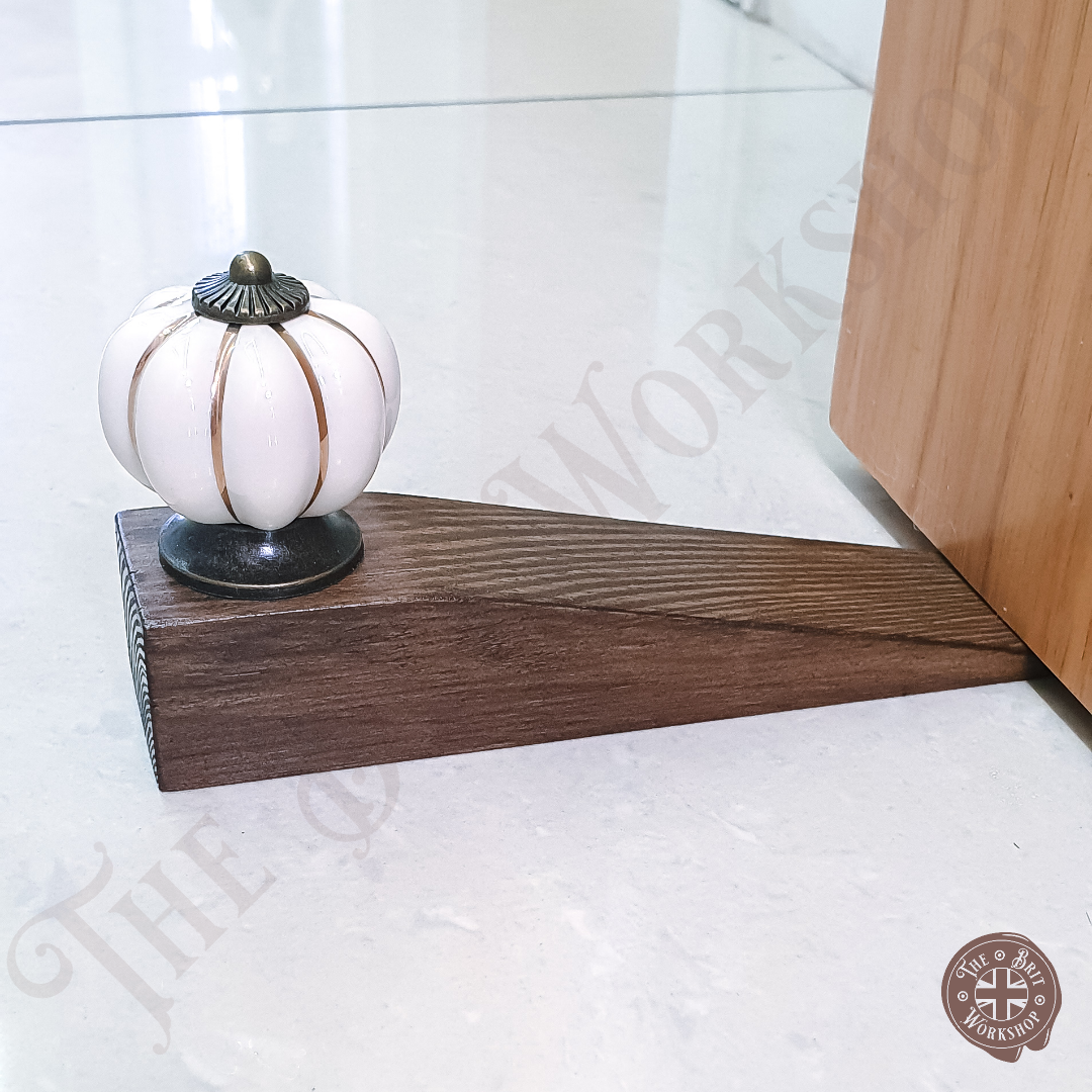 White & Walnut ceramic pumpkin door stop wedge - The Brit Workshop