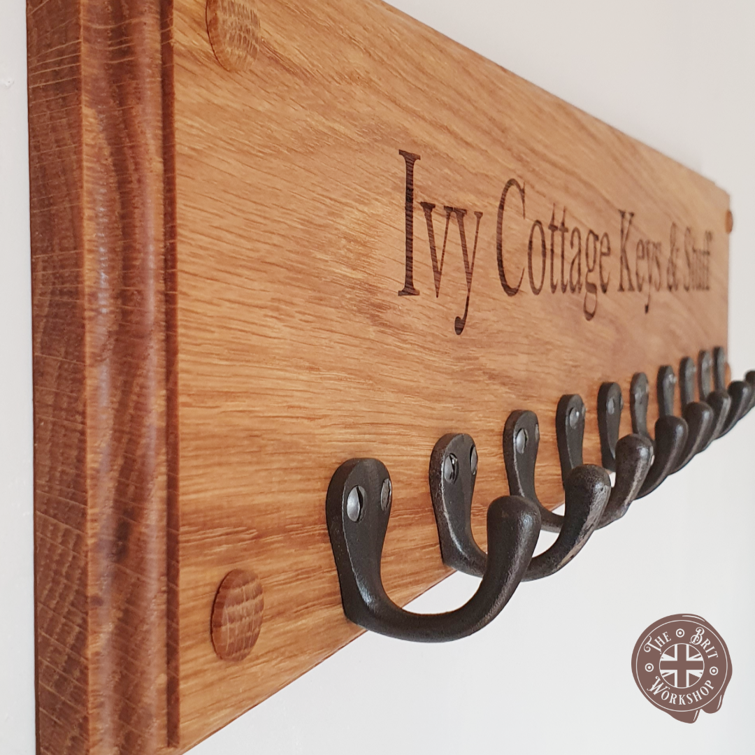 Customisable Solid Oak Key Rack with Cast Iron Hooks