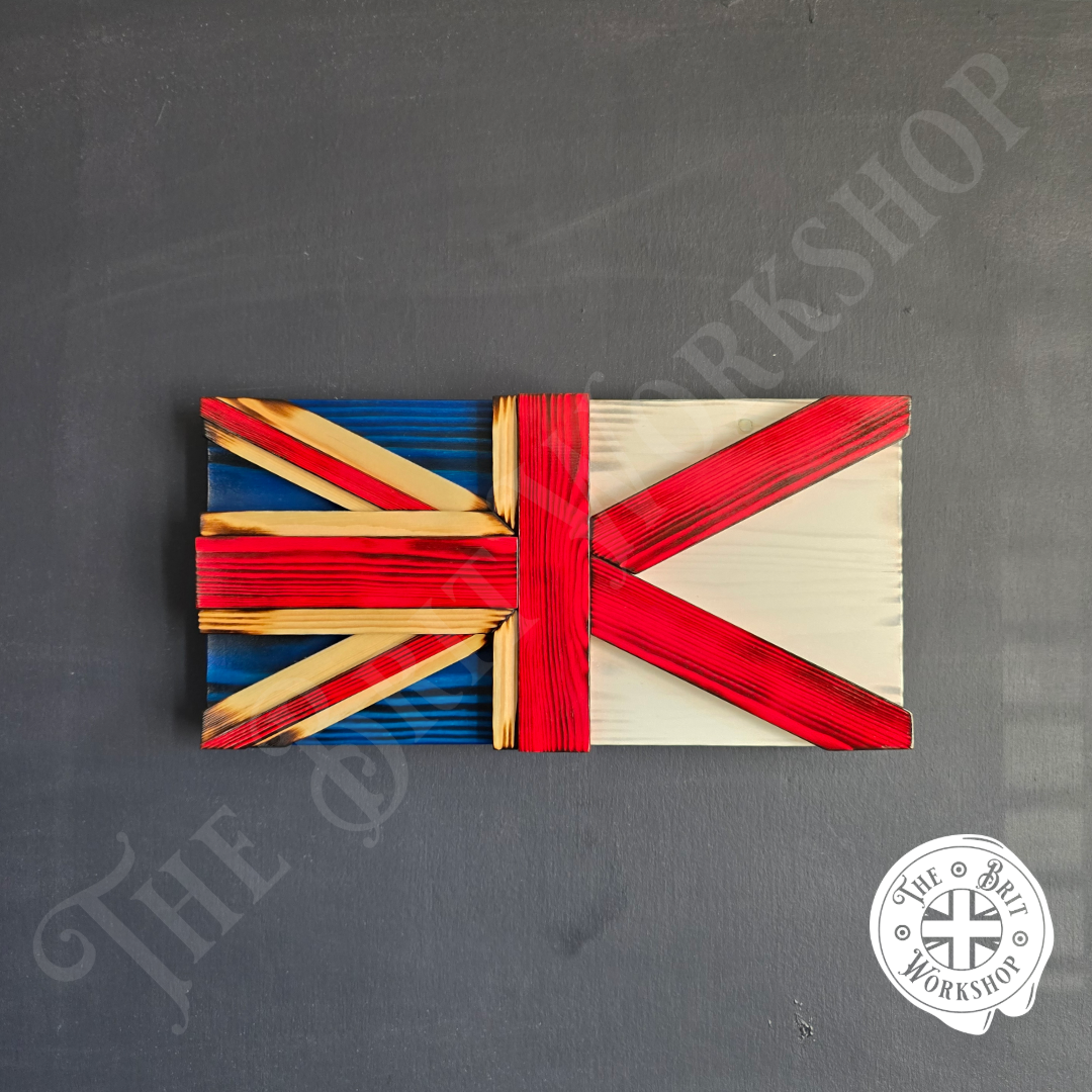 Wooden flag design with red, blue, and white colours on a grey background.