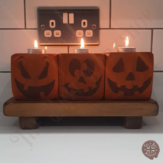 Wooden block pumpkin tealight candle holders