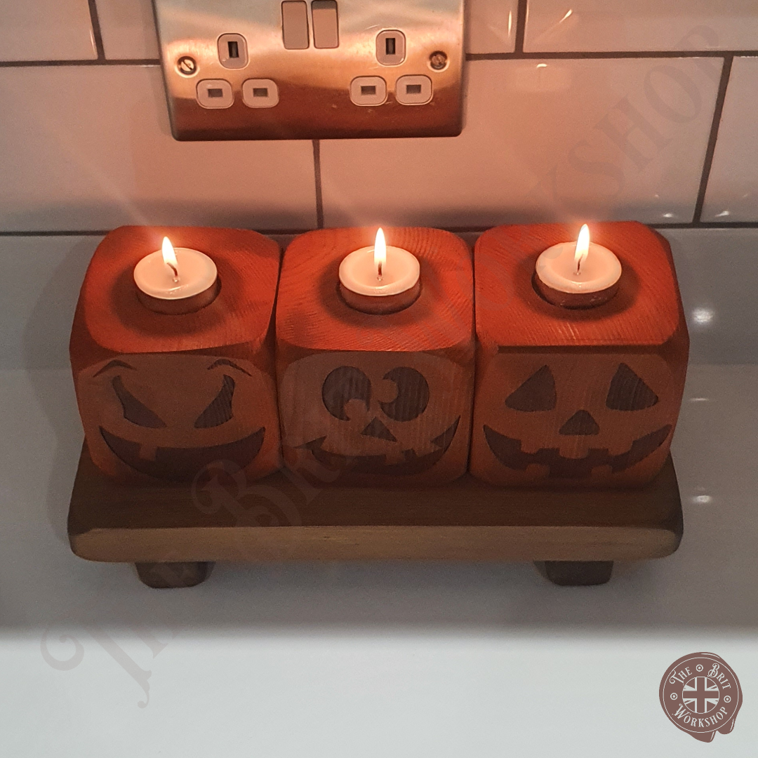Wooden block pumpkin tealight candle holders