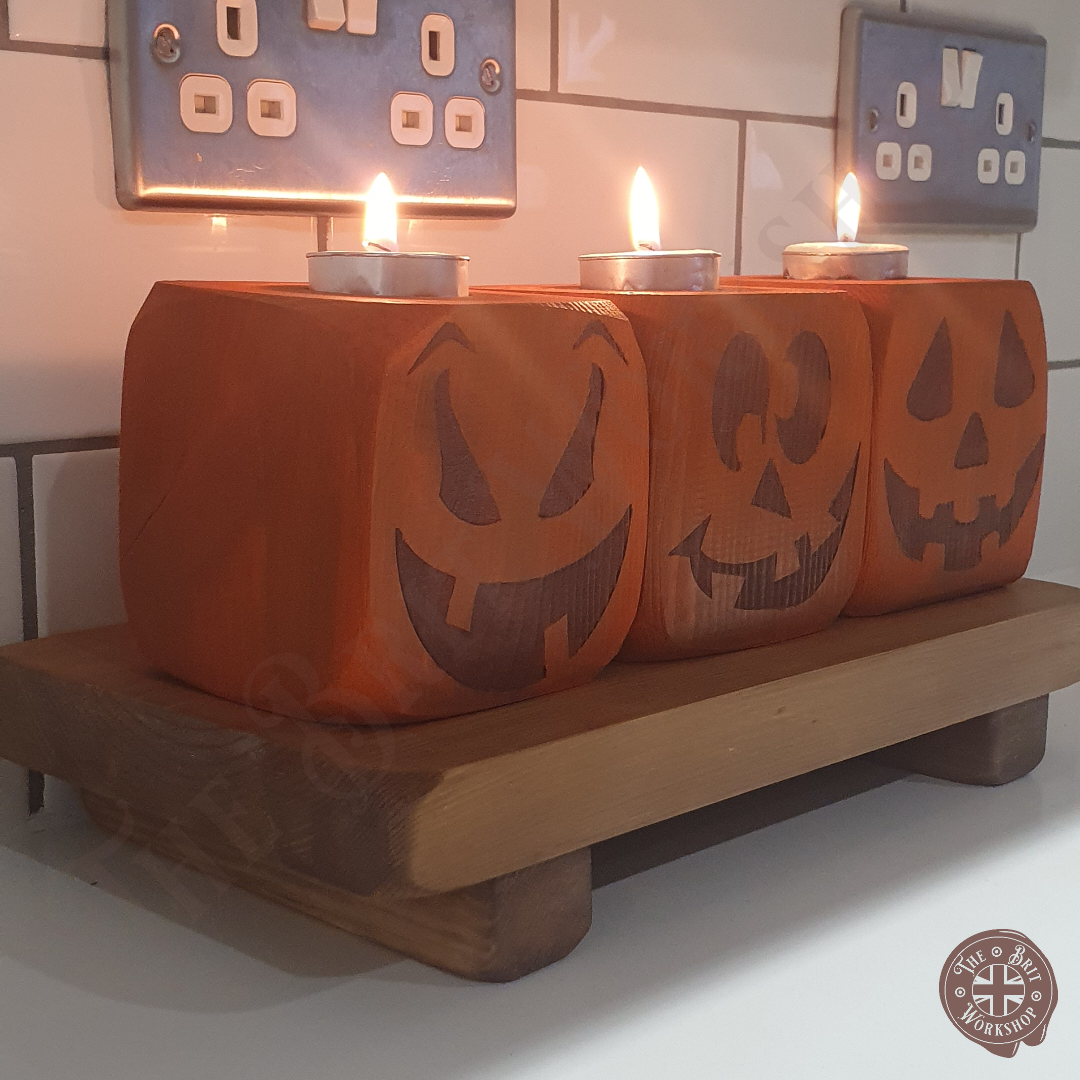 Wooden block pumpkin tealight candle holders