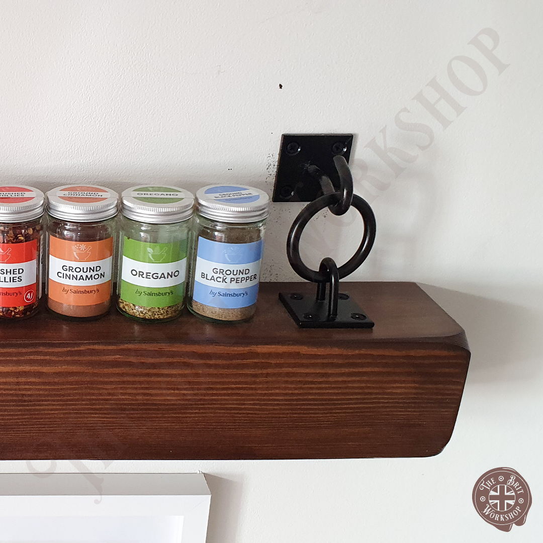 Industrial spice rack shelf with ring brackets
