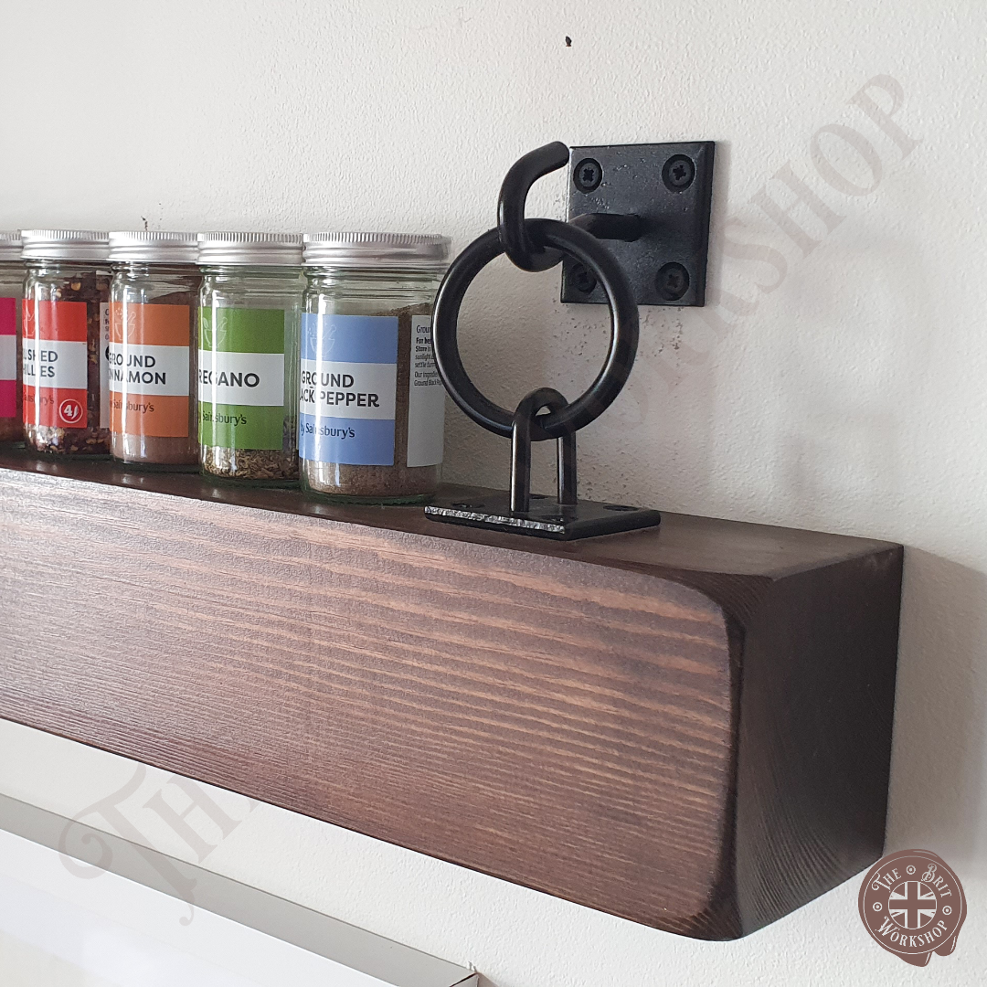 Industrial spice rack shelf with ring brackets