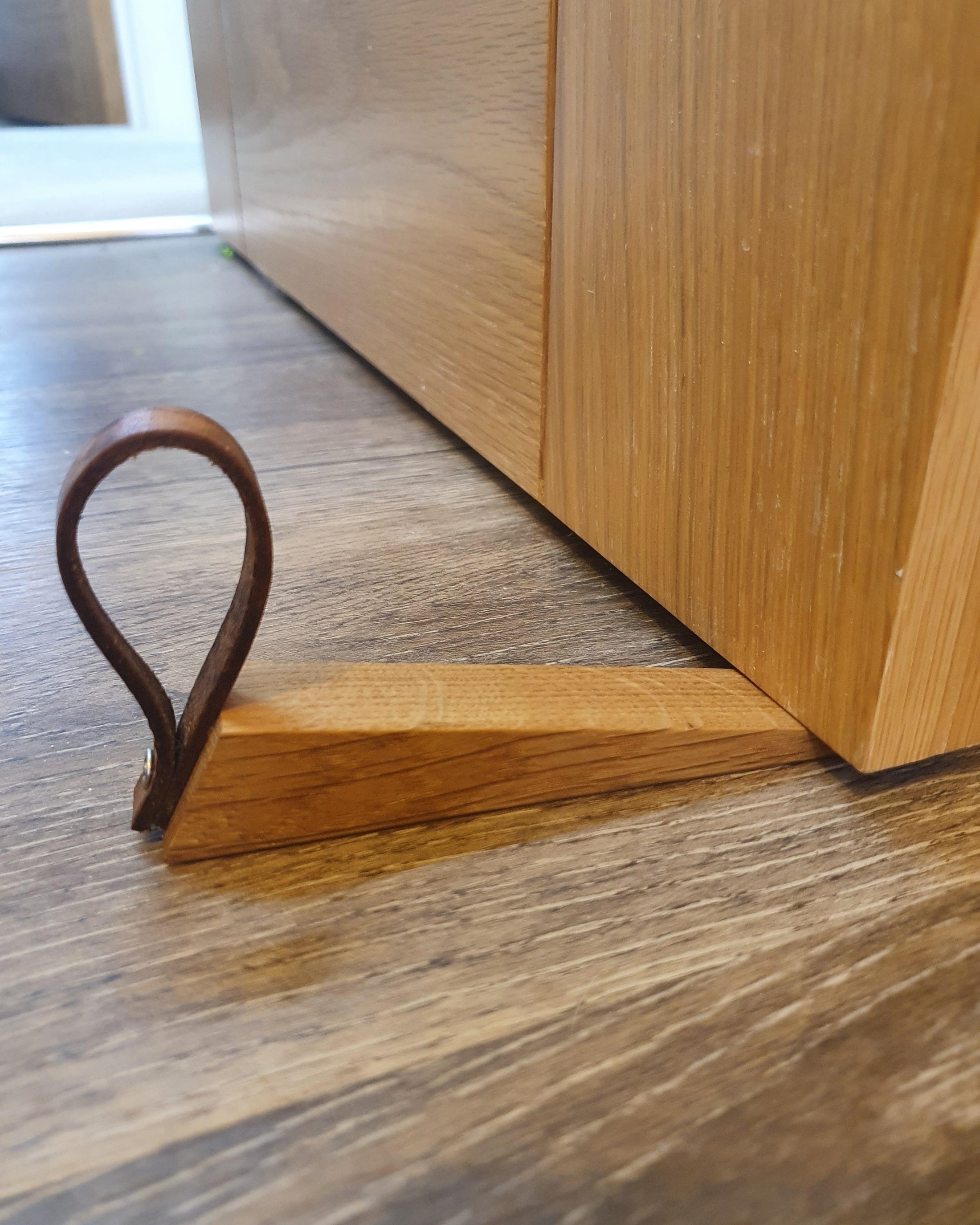 Oak & leather door stop wedge The Brit